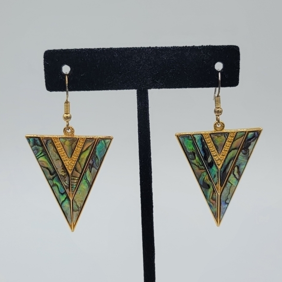 Vintage Goldtone Geometric V Shape Abalone Earrings #1216 - Picture 2 of 11